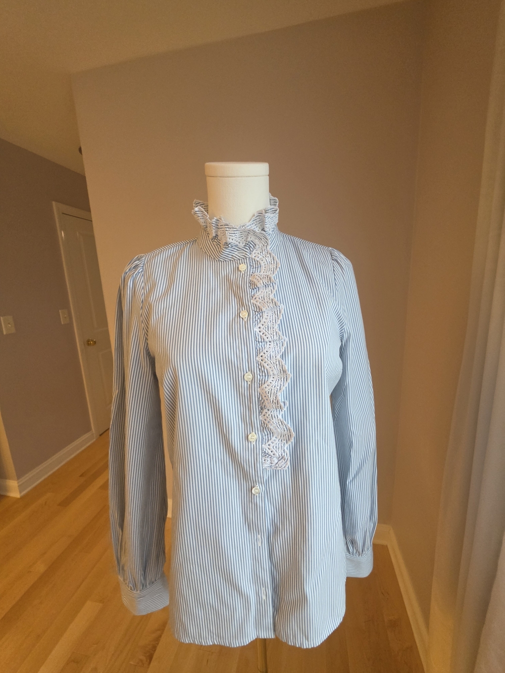 Sezane Blue and White Striped Ruffle-Trim Button Down Blouse